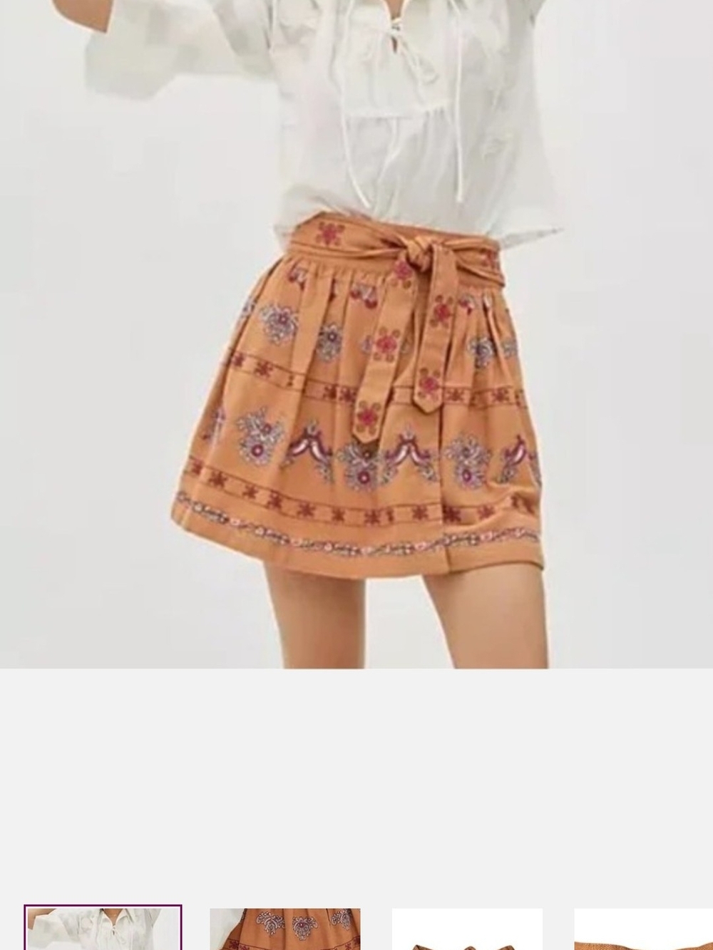 Anthropologie Rust Floral Tie-Waist Embroidered Mini Skirt